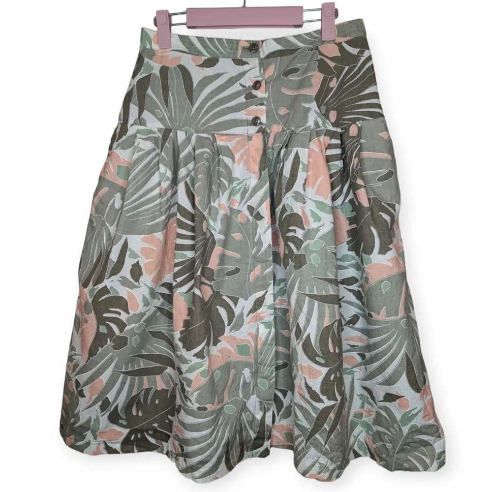 Vintage Garey Petites 100% Cotton A lIne Monstera Green Coral Floral Skirt 12